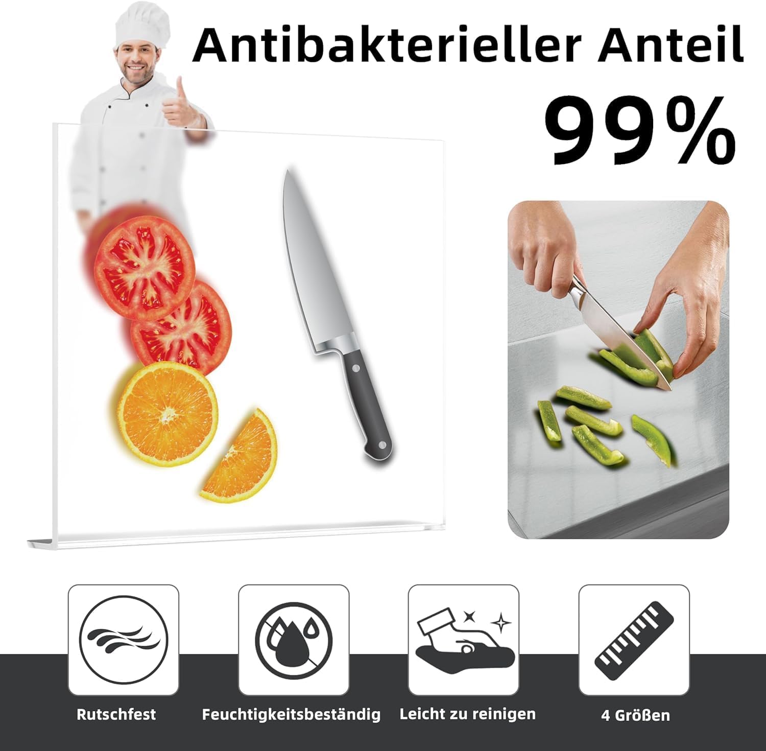 Tabla de cortar de acrílico, tabla de cortar de cristal, transparente, protector de encimera, protector de encimera, con borde de tope, antideslizante para encimera de cocina (transparente, 50 x 40 cm