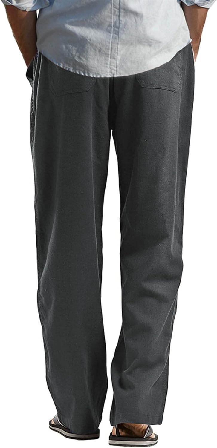 perdontoo Mens Casual Cotton Linen Pants Elastic Waist Drawstring Straight Summer Beach Pants - Image 3
