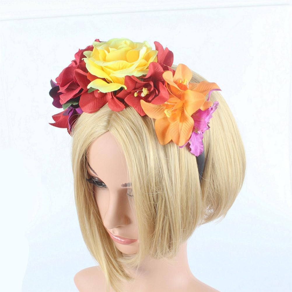 Mexican Flower Crown Headband Bohemian Floral Headpiece with Roses for Cosplay & Dressup Parties, mix color - Image 4