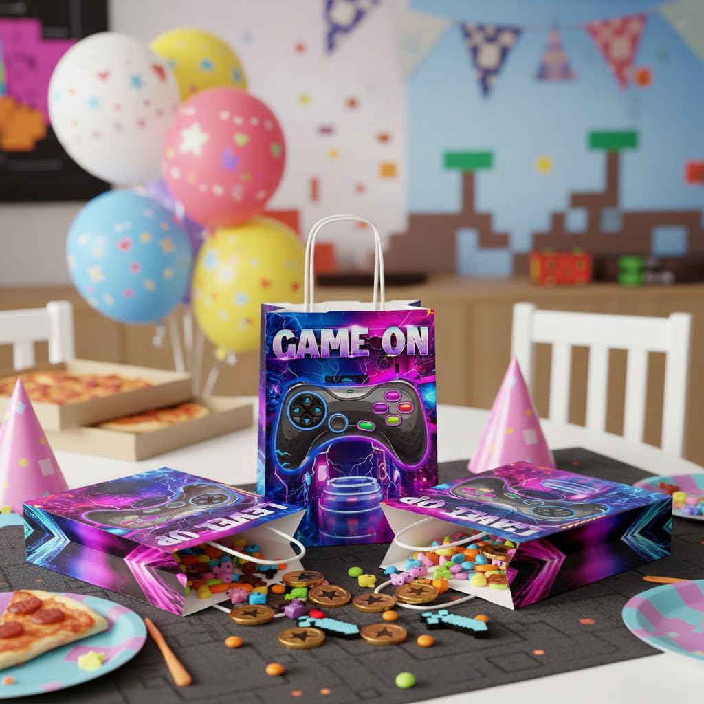 JOYGATHER 24 bolsas de recuerdos de fiesta de jugadores con asas, bolsas de regalo de videojuegos, bolsas de regalo, bolsas de dulces con 2 tipos diferentes, bolsas de papel kraft para juegos para
