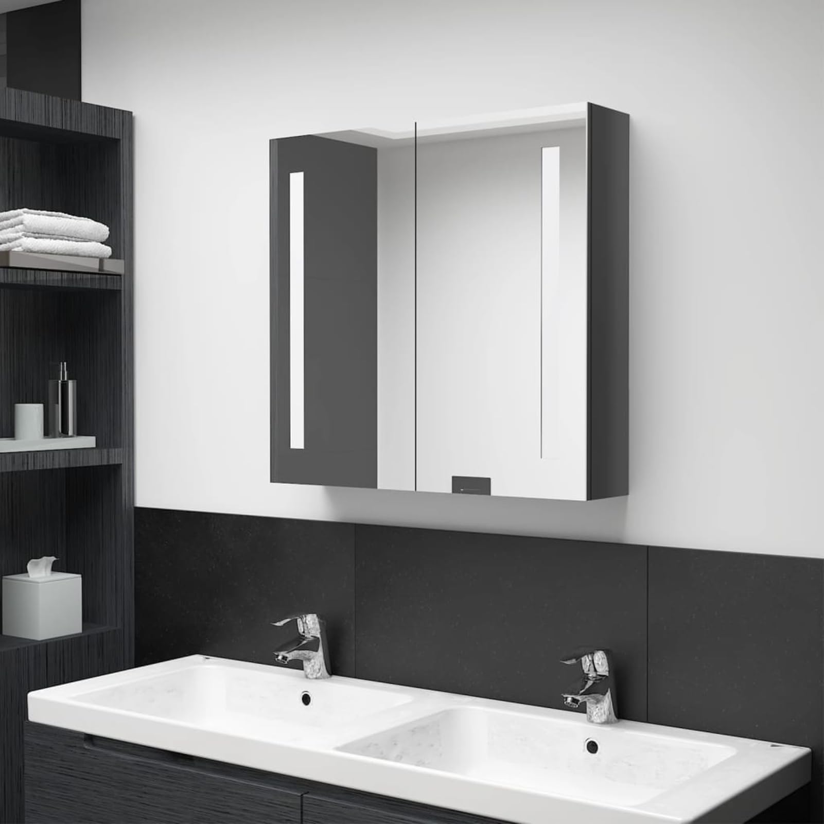 ATOMSTACK MAKER Spiegelschrank Bad 62x14x60 cm, glänzend grau, MDF+Glas, 2 Türen, 3 Böden, USB-Beleuchtung, Touch-EIN/Aus, für Make-up & Rasur – inkl. Montagematerial