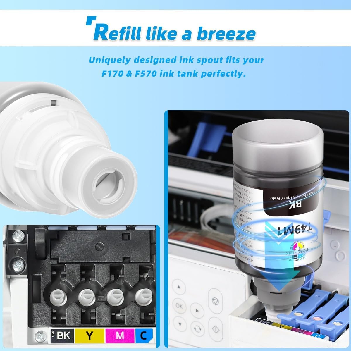 F570 Sublimation Ink, T49M Sublimation Ink Refill Bottles for EPSON SureColor SC F570 F170 Dye Sub Printers - Black, Cyan, Magenta, Yellow - 140ml/bottle