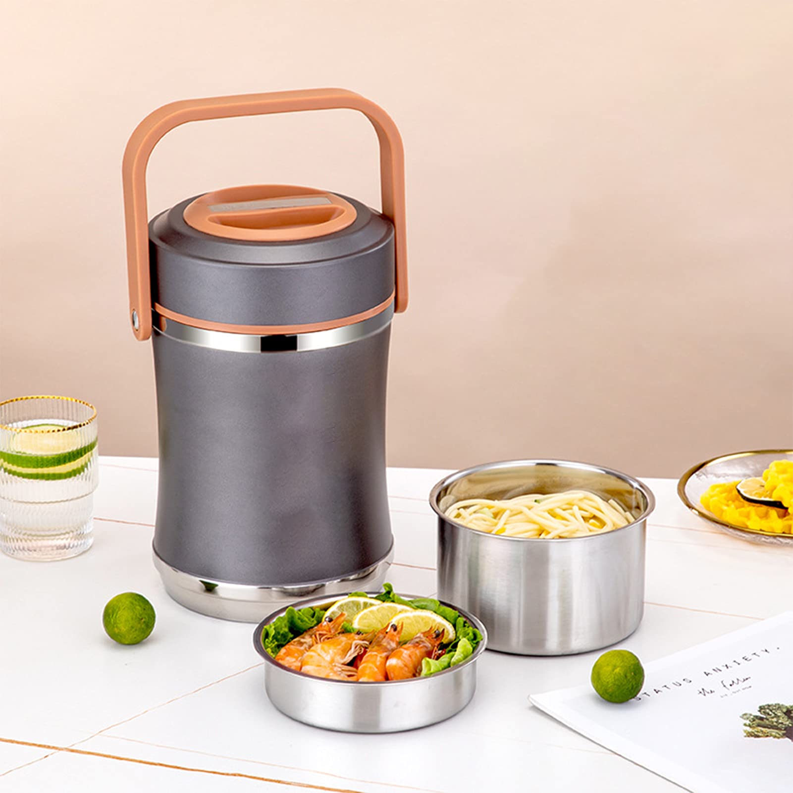 Bento Lunch Box dla Dorosłych Dzieci, Szczelny Termos Ze Stali Nierdzewnej Termiczny Pojemnik Na Żywność do Szkoły/Pracy, Utrzymuj Żywność w Ciepły,Gray,2.6L