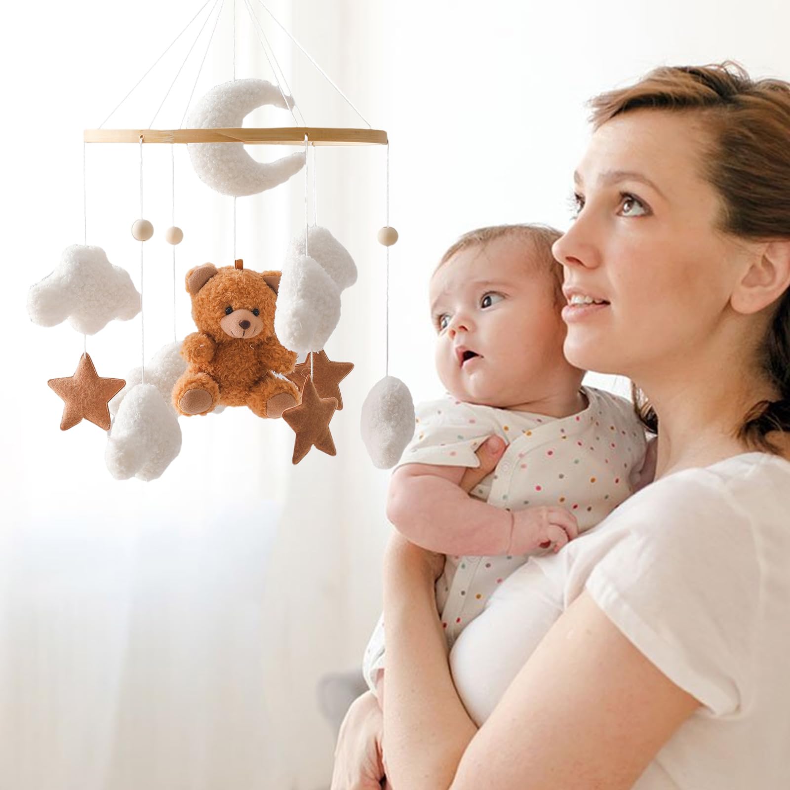 Mobile Baby Windspiele, Babybett Mobile 3D Bär Hase Kaninchen Wolken, Kinderzimmer Hängende Bettglocke, Neugeborenen Geschenk für Baby Jungen und Mädchen (Braun Bär)