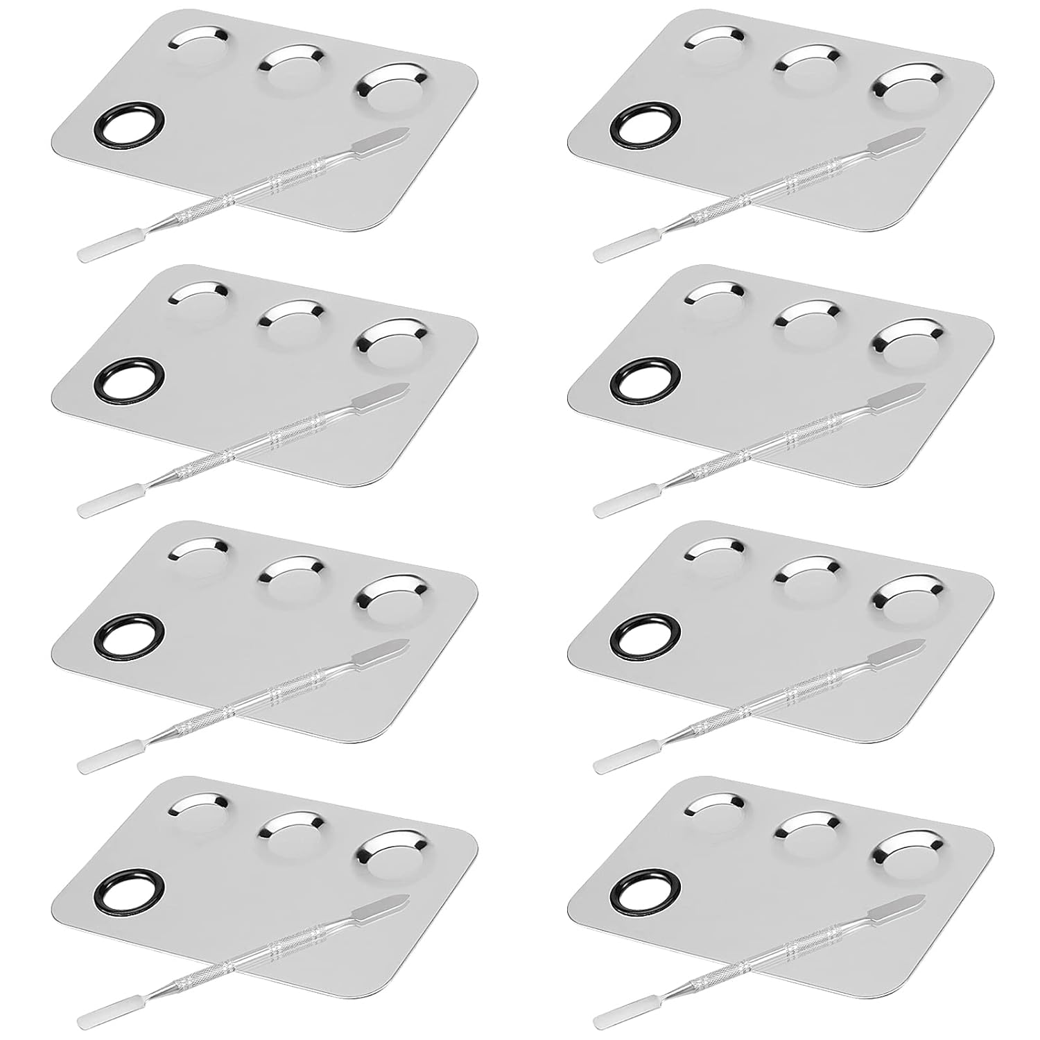 JAPCHET 8 PCS Mixing Makeup Palettes, 3-Well Makeup Palette Mixer Tray, Stainless Steel Cosmetic Palette with 8 PCS Spatula Tool, Multipurpose Makeup Applicators for Nail-Art, Cosmetic, Pigment