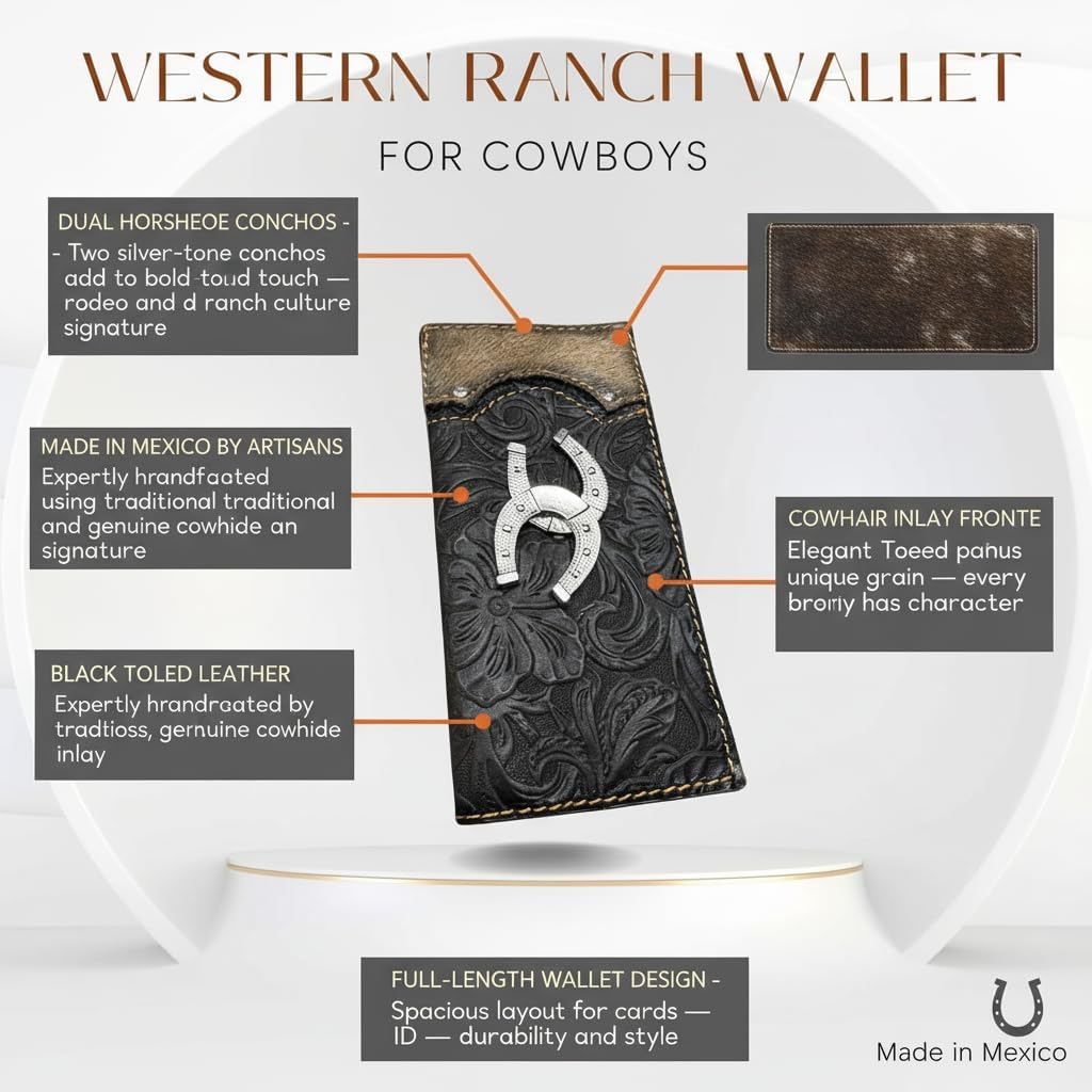Men’s Western Long Leather Wallet - Black Floral Tooled Rodeo Billfold with Cowhair Inlay & Silver Horseshoe Conchos - Handcrafted Made in Mexico - Image 4