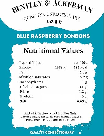 Blue Raspberry Bonbons - (605g) Original Retro Tangy Blue Raspberry Bonbons in a Jar By Bentley & Ackerman's Sweet Shop - Vegetarian