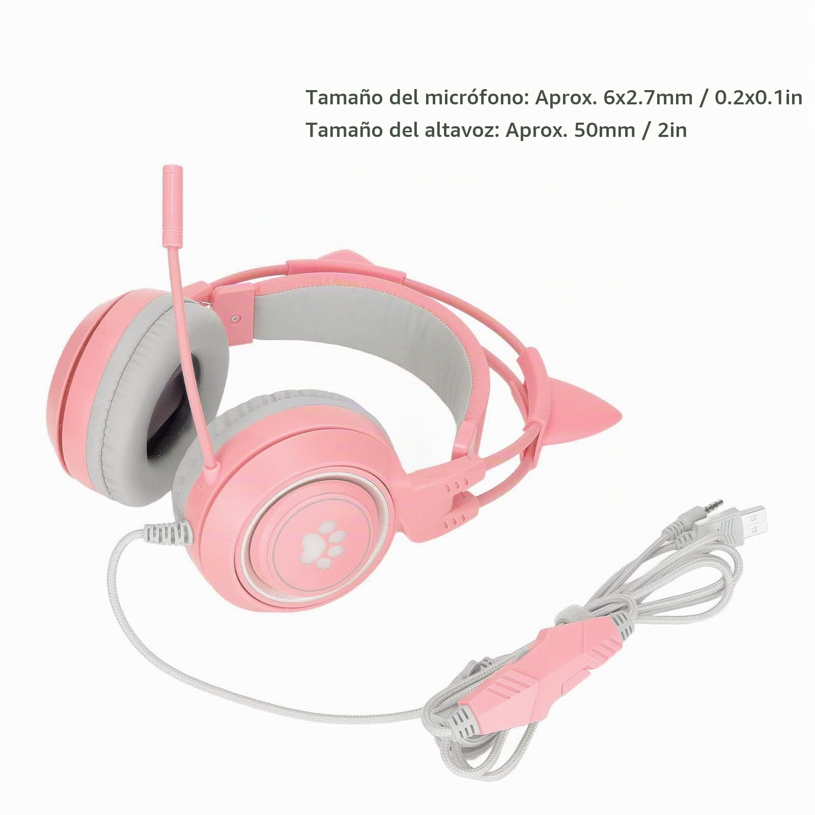 Elprico Auriculares para Juegos, Oreja de Gato Desmontable USB + Enchufe de 3,5 Mm Auriculares para Juegos Compatible con Ajuste de Volumen Micrófono Silenciado para PS4, para Xbox One(Rosa)