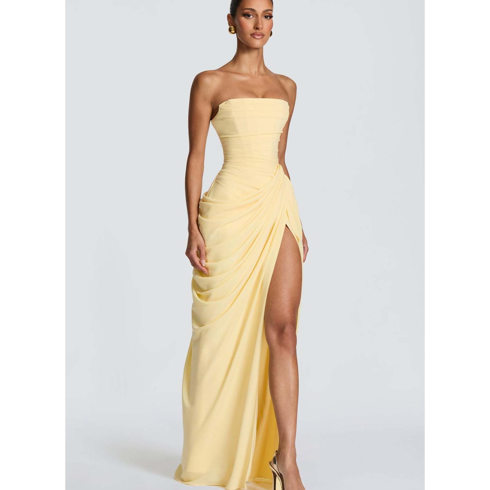 Vestido para mujer, diseño fruncido, tela de poliéster suave, sin tirantes, vestido de dama de honor, elegante vestido formal de invitada de boda