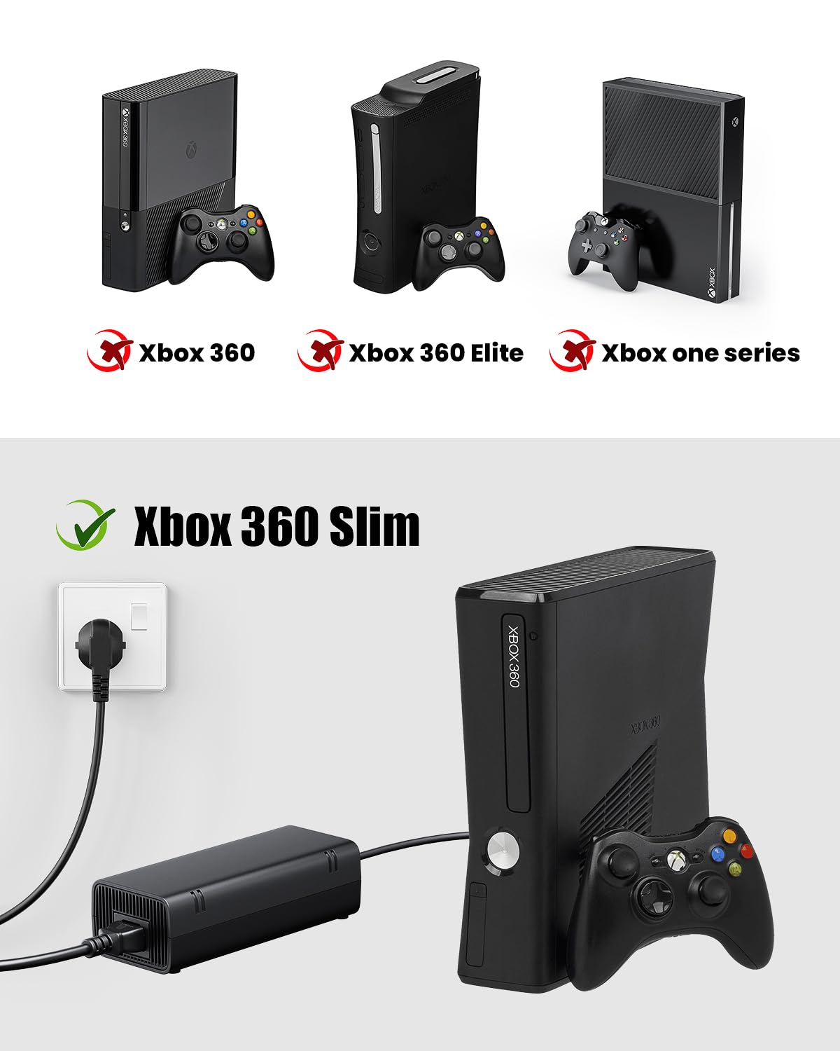 135W Netzteilkabel Kabel für Xbox 360 Slim, Universal Netzteil Netzteilkabel Kabel für Xbox 360 Slim, LED-Anzeigeleuchte AC 100V - 240V (EU)