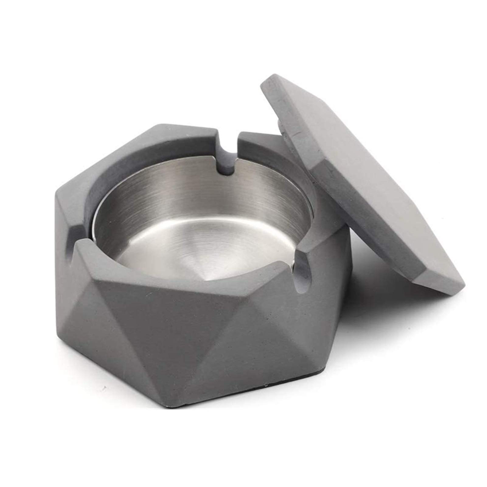 HNGM Stainless Steel Concrete Ashtray With Lid Geometric Ashtray Outdoor Ashtray, Smoking Tool With Stainless Steel Inner Tray