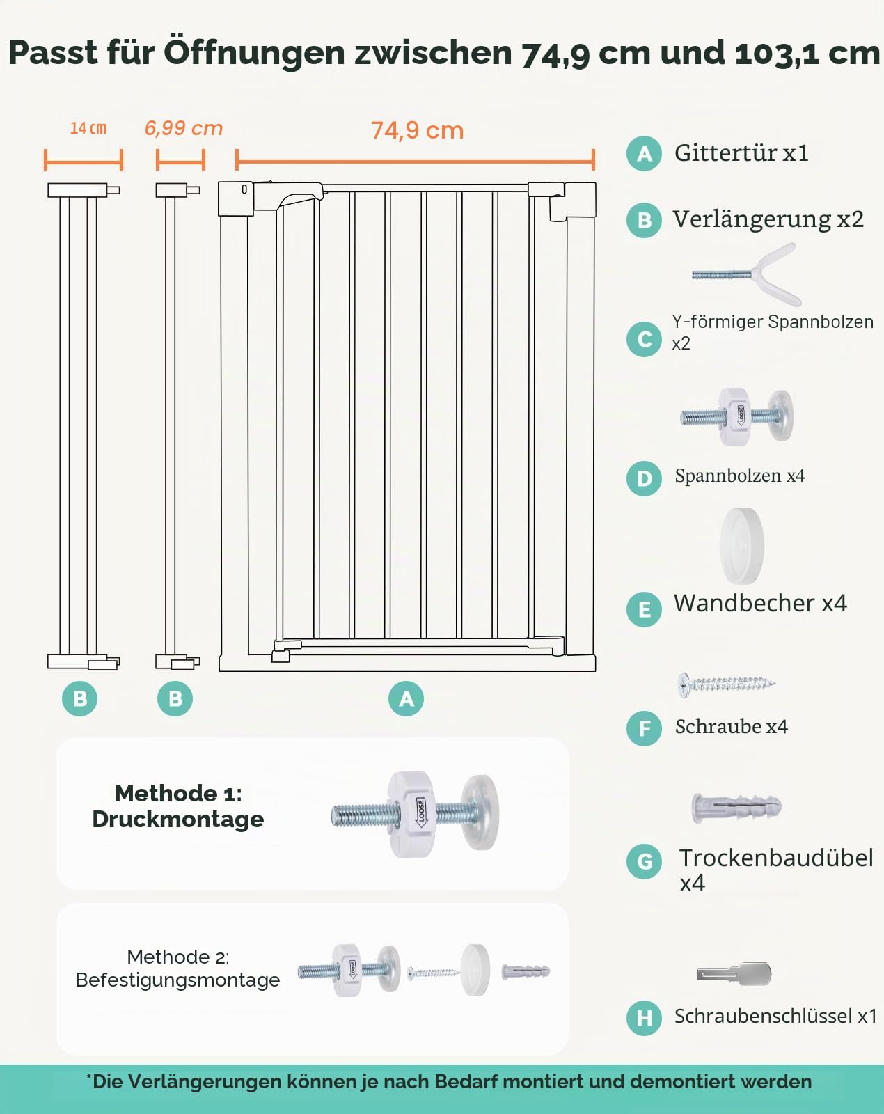 COMOMY Türschutzgitter Extra Hoch 75-103cm Treppenschutzgitter ohne Bohren 91,5cm Weiß