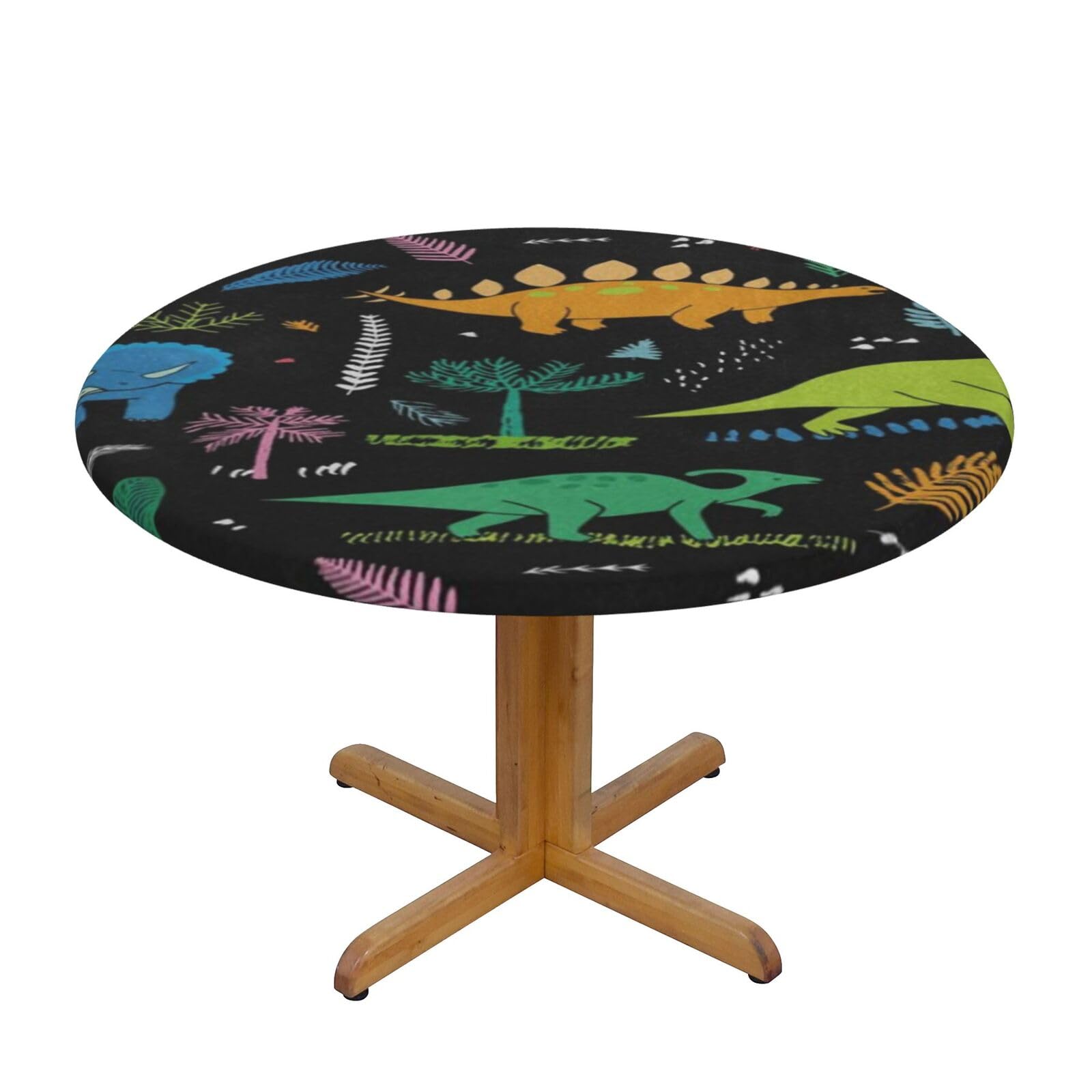 Ffshkowe Dinosaur Palm Leaf Elastic Round Tablecloth Oil Proof Table Cover For Dining Party Picnic