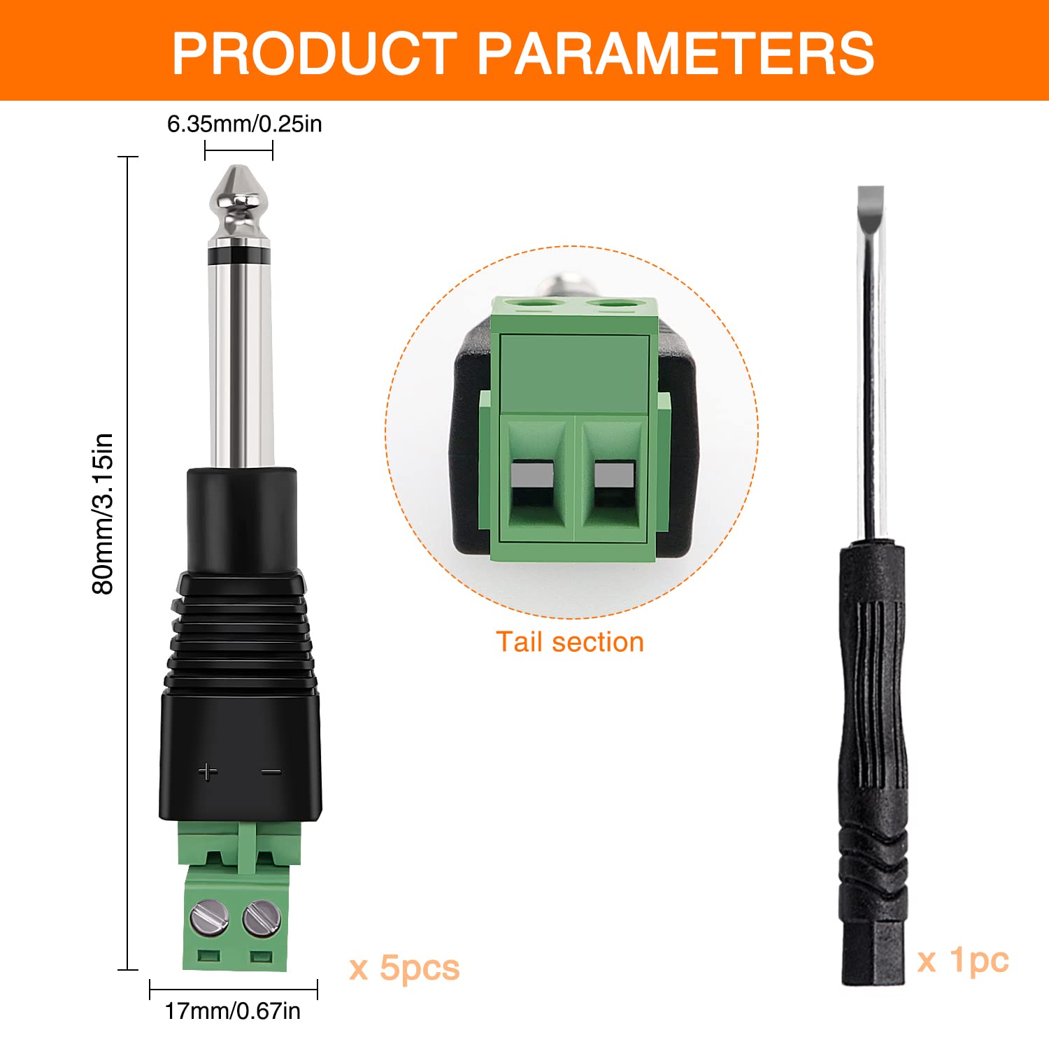 KUOQIY 5 PCS 6.35mm TRS Male Plug to Screw Terminal Adapter, 1/4 Inch Mono Solderless Connector - Image 2