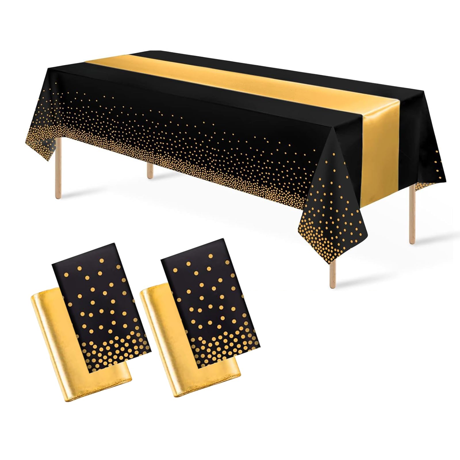 Cazsysdd Black Gold+Gold Table Runner 4Pack Disposable Plastic Tablecloths 137 * 274 Cm And Satin Table Runner,Party Table Cloths,Gold Dot Confetti Table Cover For Birthday, Engagement, Wedding (Black Gold+Gold Table Runner)