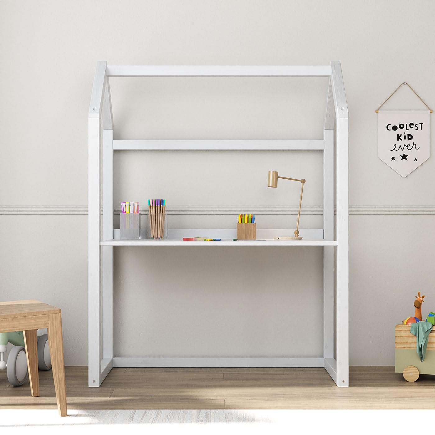 IDIMEX Kinderschreibtisch Tina in Hausform, weiß - höhenverstellbarer Schreibtisch für Kinderzimmer, mitwachsend und individuell anpassbar, aus Kiefer Massivholz