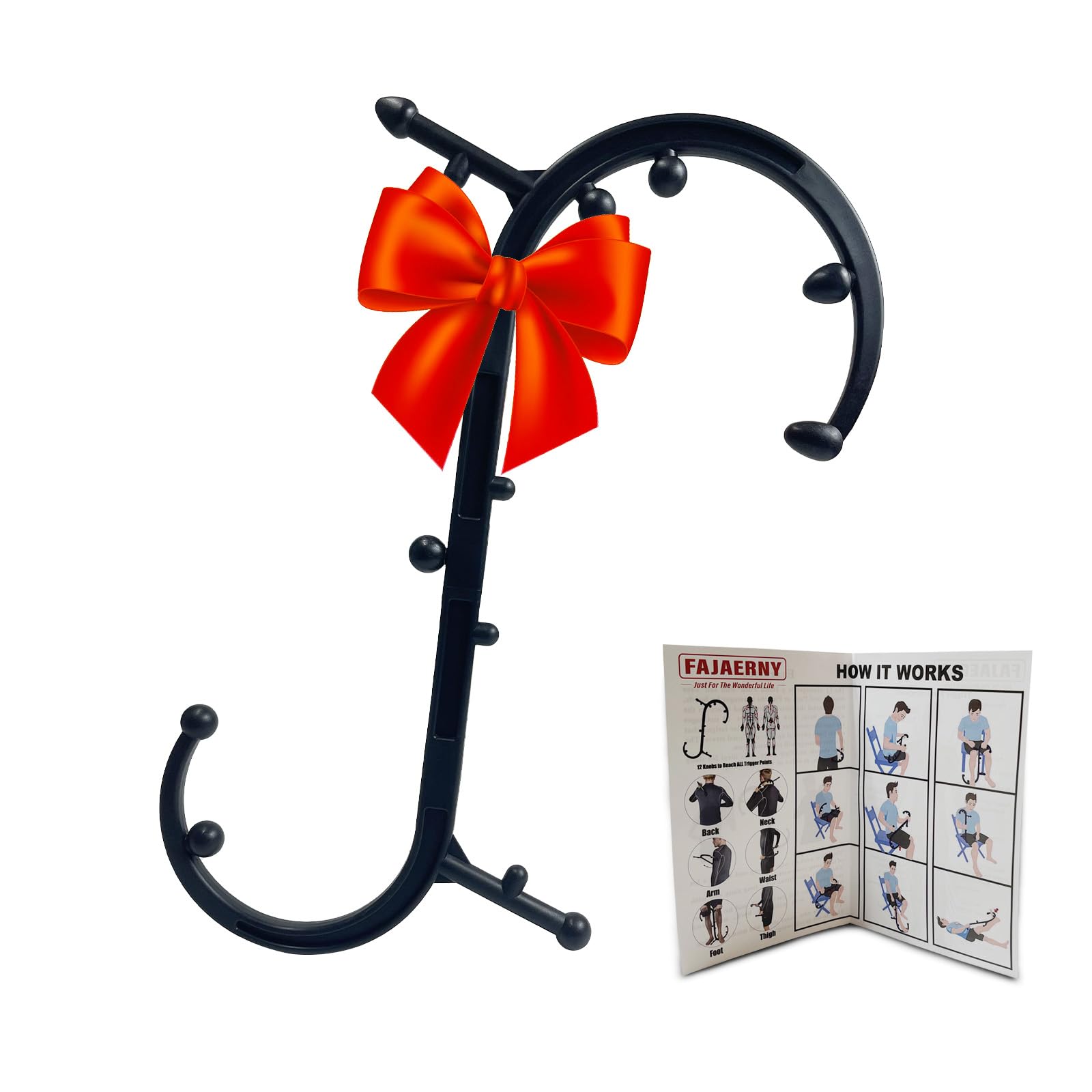 Trigger Point Massager - Deep Tissue Massage Tool for Muscle Knot Pain Relief (Back, Neck, Shoulder, Legs & Feet), Handheld Self Massage Cane with S-Shaped Dual-Section Design(Black)