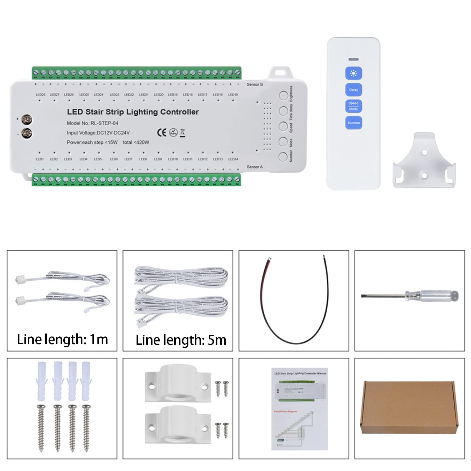 Controller per illuminazione a LED per scale con sensore di movimento, controllo della luce per scale con 28 gradini e telecomando