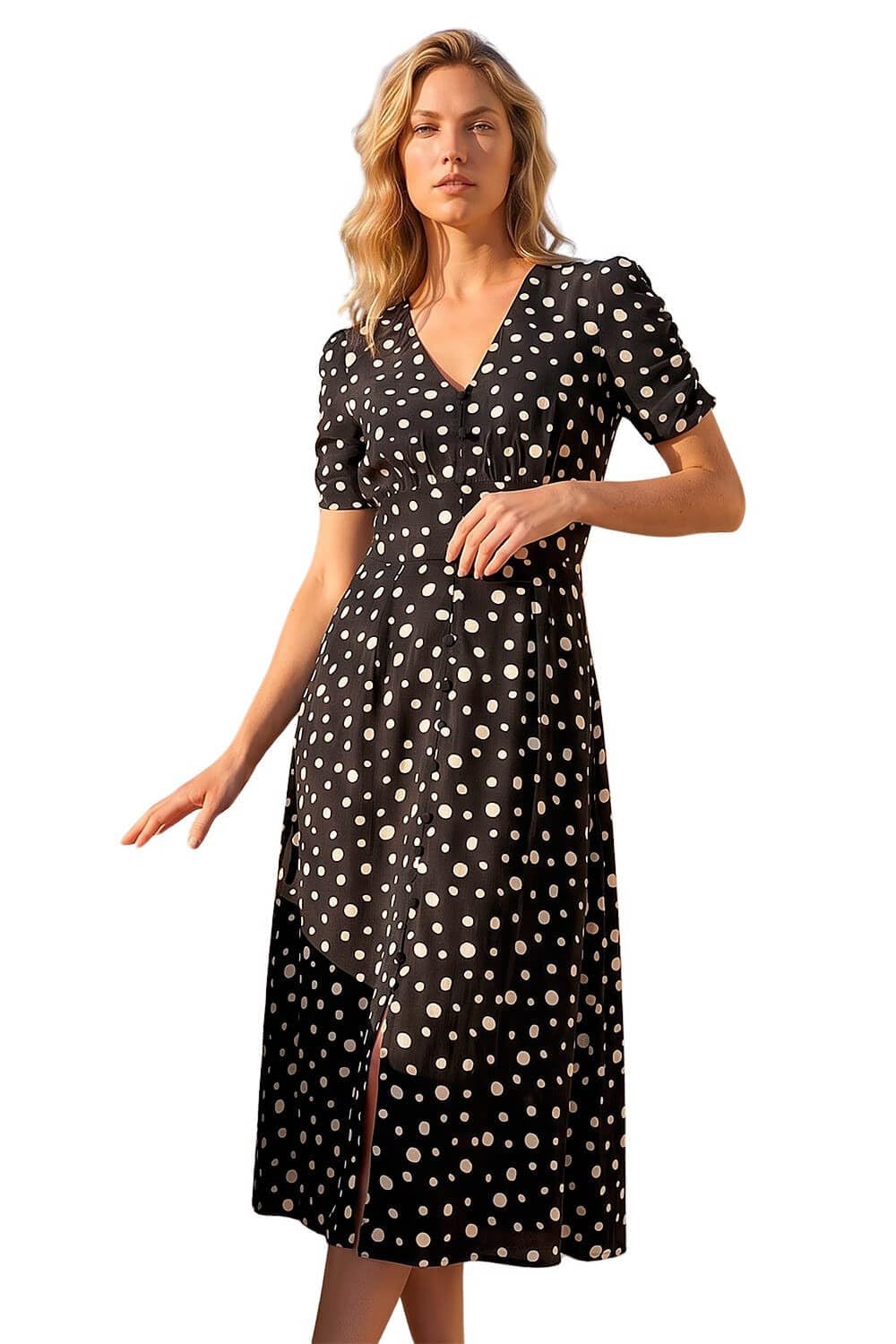 Roman Originals Swing Tea Dress Women UK Ladies Skater Midi A Line Fit & Flare Summer Casual Smart Cocktail Party Going Out Work Cruise Button Through Long Pocket - Polka Noir - Size 10