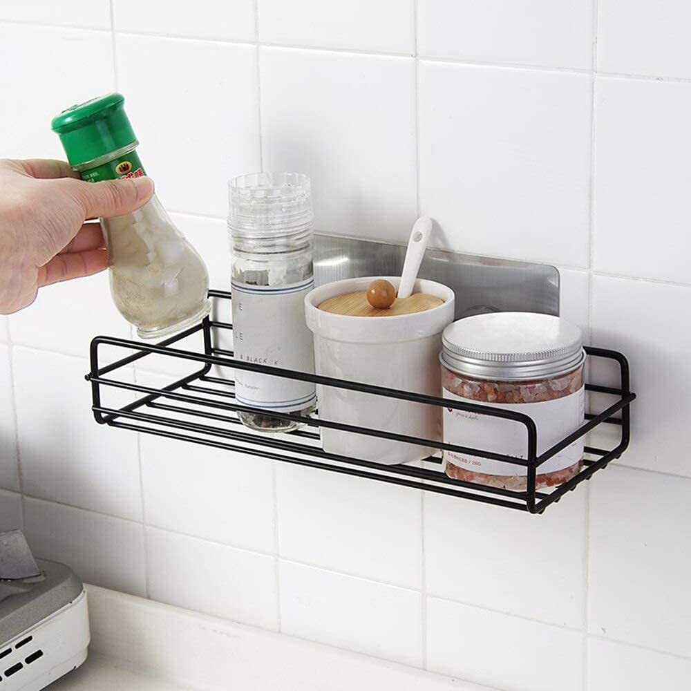 Luxansa Self Adhesive Wall Mounted Kitchen Storage Hanging Rack Basket with Tissue Holder and Kitchen Towel Holder Wardrobe Hanging Organizer Bathroom Storage Accessories - Black (Plain Rack)