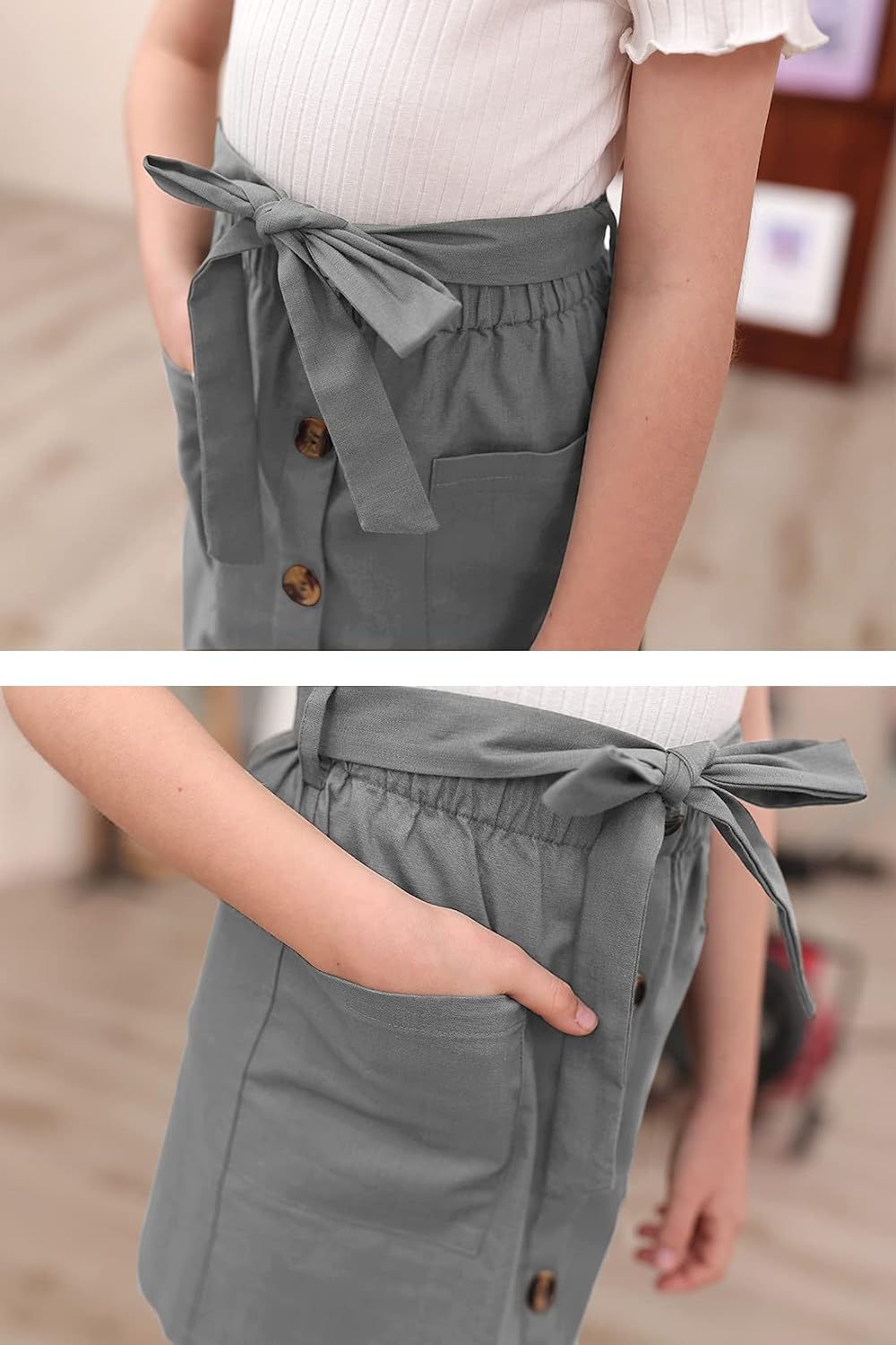GORLYA Girls Elastic Waist Belted Skirt Paper Bag Pockets 4-14Y | Paper bag elastic waist with belt,button trim front,side pockets,ideal for school uniforms,church,and summer casual outings.