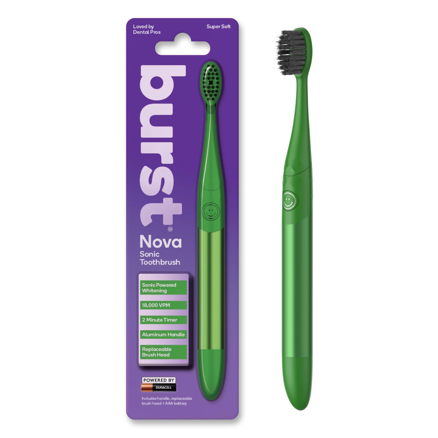 BurstNova Toothbrush (Green) | Sonic Powered Teeth Whitening | Super-Soft Bristles | 18000 VPM | 2 Minute Timer | Aluminum Handle | Replaceable Brush Head | Compact Size | with AAA Battery