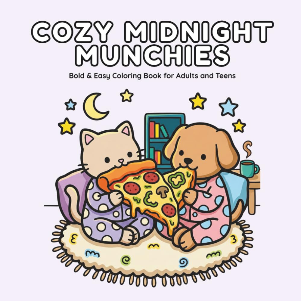 Cozy Midnight Munchies: Bold and Easy Coloring Book for Adults and Teens Featuring Cozy Midnight Snacks, Cute Animals, and Relaxing Food Scenes