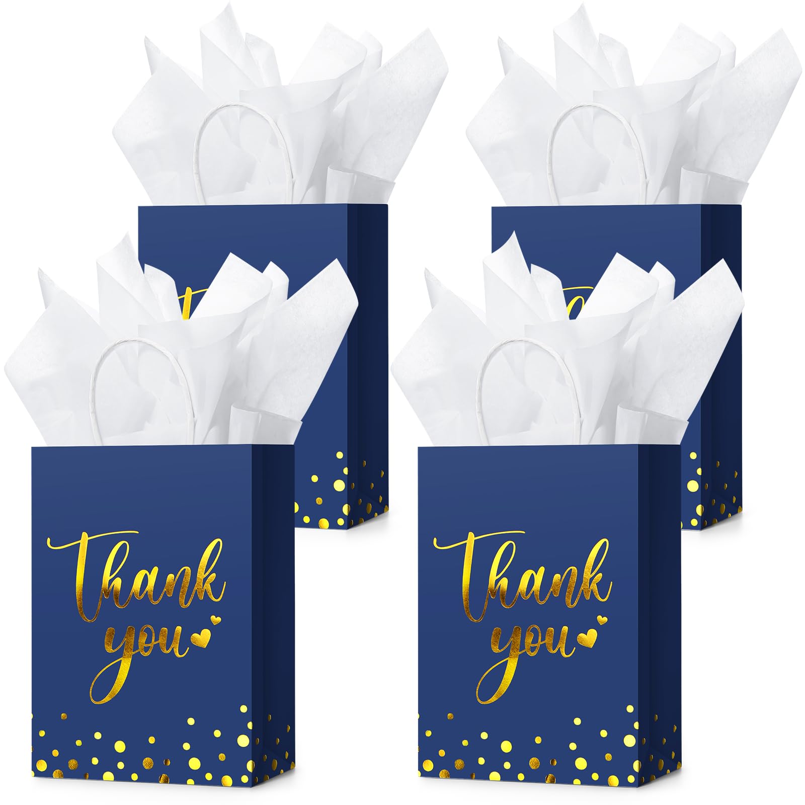 Tinlade 12 Pcs Thank You Gift Bags with Tissue Paper Gold Polka Dots Thank You Bags with Handle Party Favor for Wedding Birthday Baby Shower Business Shopping(Business Blue)