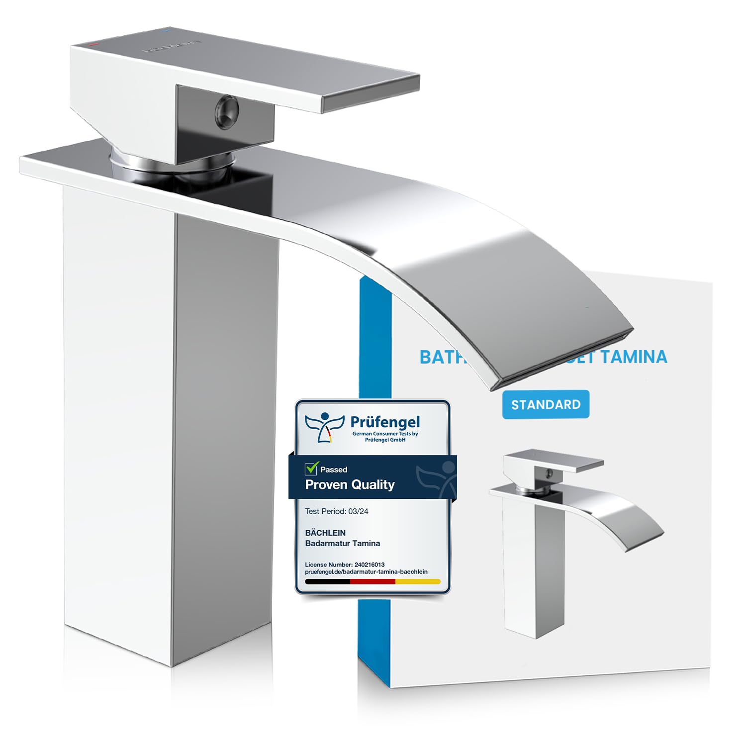 Bächlein Tap for The Bathroom in Classic Design, Tamina, Single-Lever Mixer with Durable Ceramic Cartridge and Installation Set, Bathroom Faucet Chrome