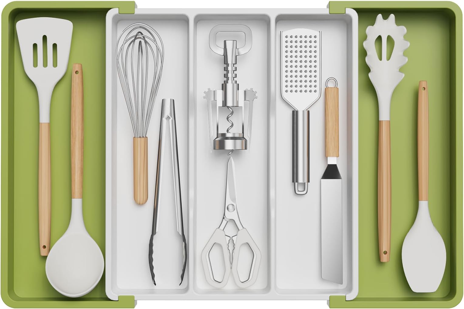 Lifewit Utensil Drawer Organiser, Extendable Cutlery Tray for Kitchen, Adjustable Silverware Flatware Holder, Plastic Kitchen Spatula Tools and Gadgets Storage Divider, Large, Green&White