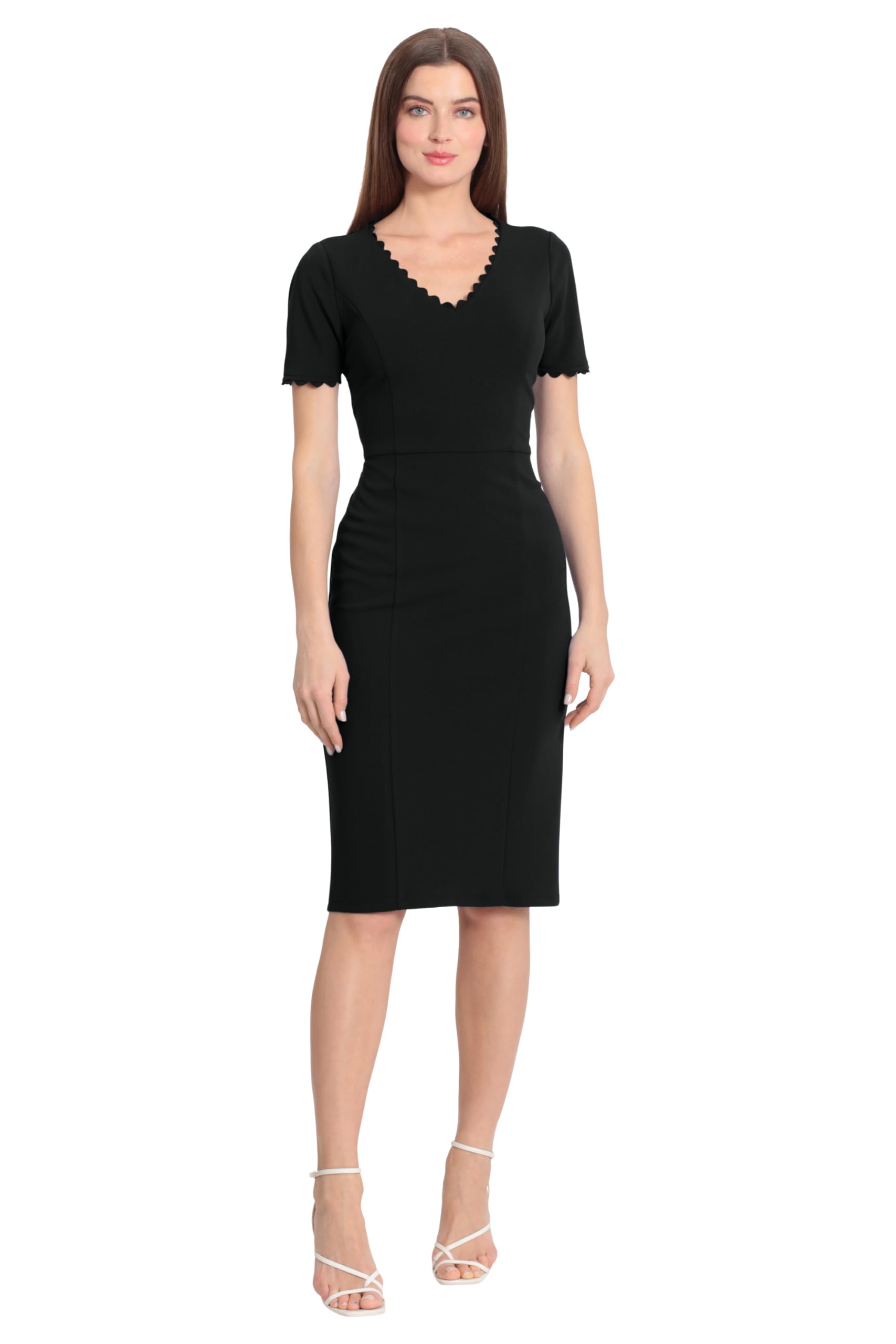 Maggy London Womens Scallop Trim V-Neck and Short Sleeve Desk to Dinner Office Workwear Event Occasion Guest of