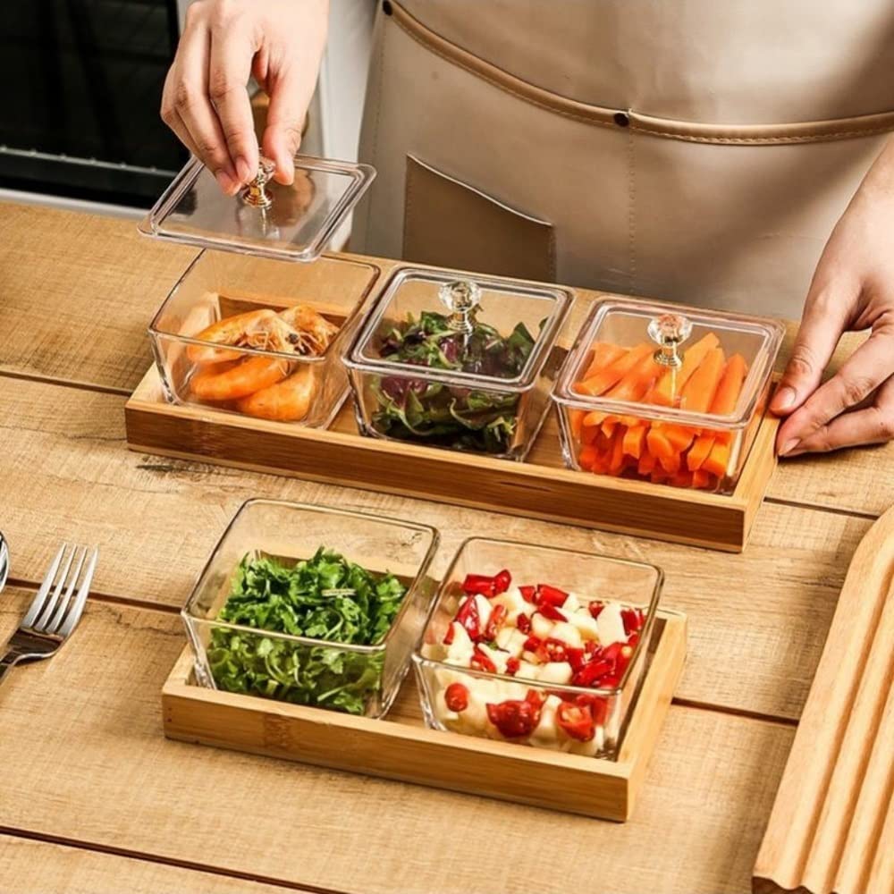 Dipschüsseln, Snackschüsseln, Salatteller, Glas-Snackschüssel mit zwei Fächern und Chassis, quadratischer geteilter Obst-Snack-Essteller for Familienrestaurants