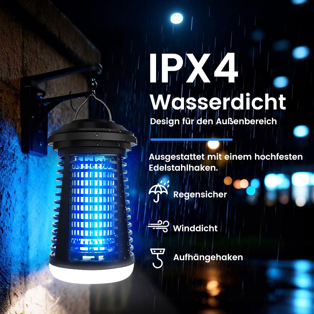 Mückenfalle, 4200V Insektenvernichter Elektrisch, 15W LED Beleuchtbar Mückenlampe - Fliegenfalle Elektrisch IPX4 Wasserdicht für Innen Außen，Anti Mücken, Fliegen