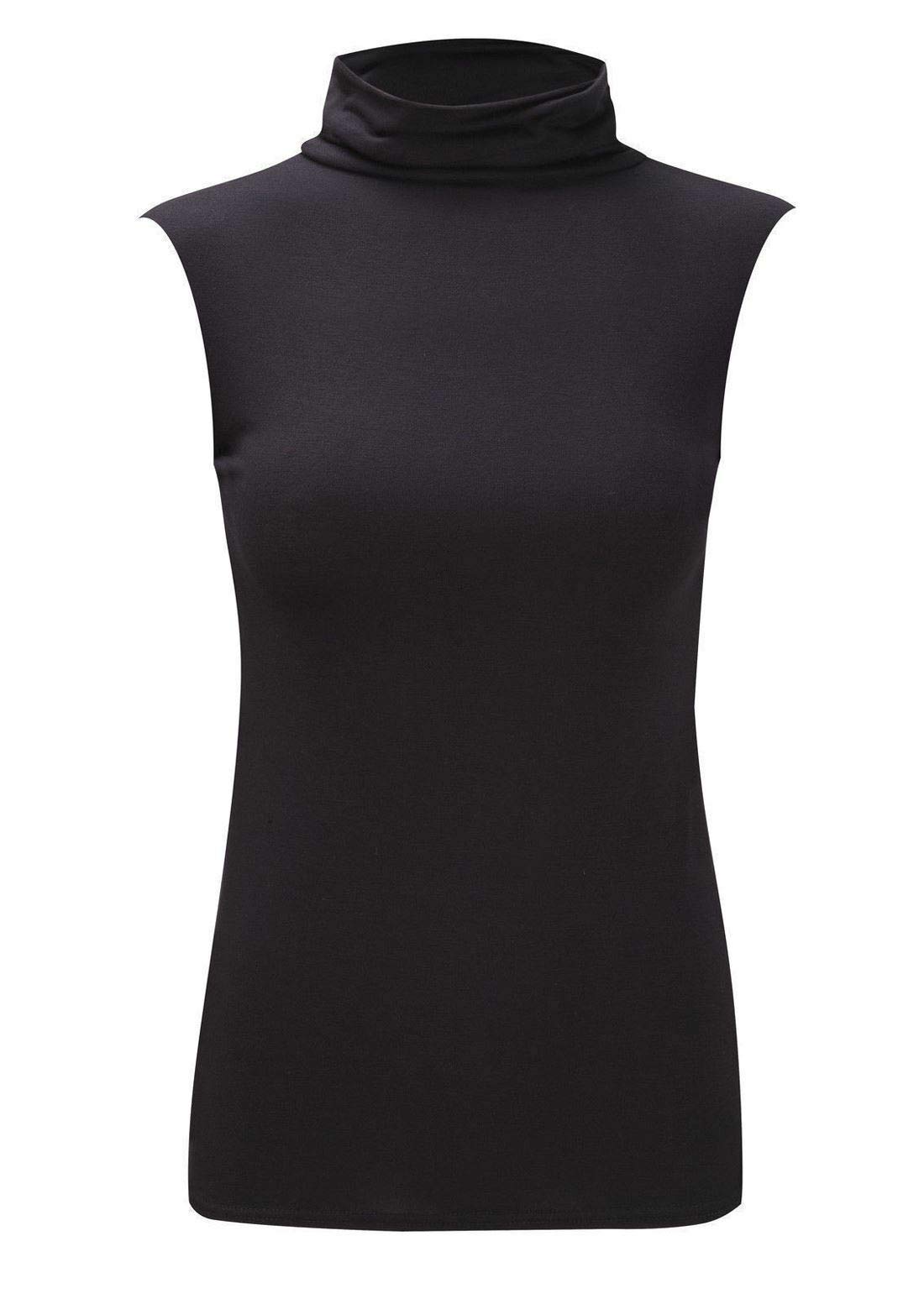Janisramone Women's Black Turtle Polo Neck Sleeveless T-Shirt Plain Casual Stretchy Bodycon Vest Tee Top
