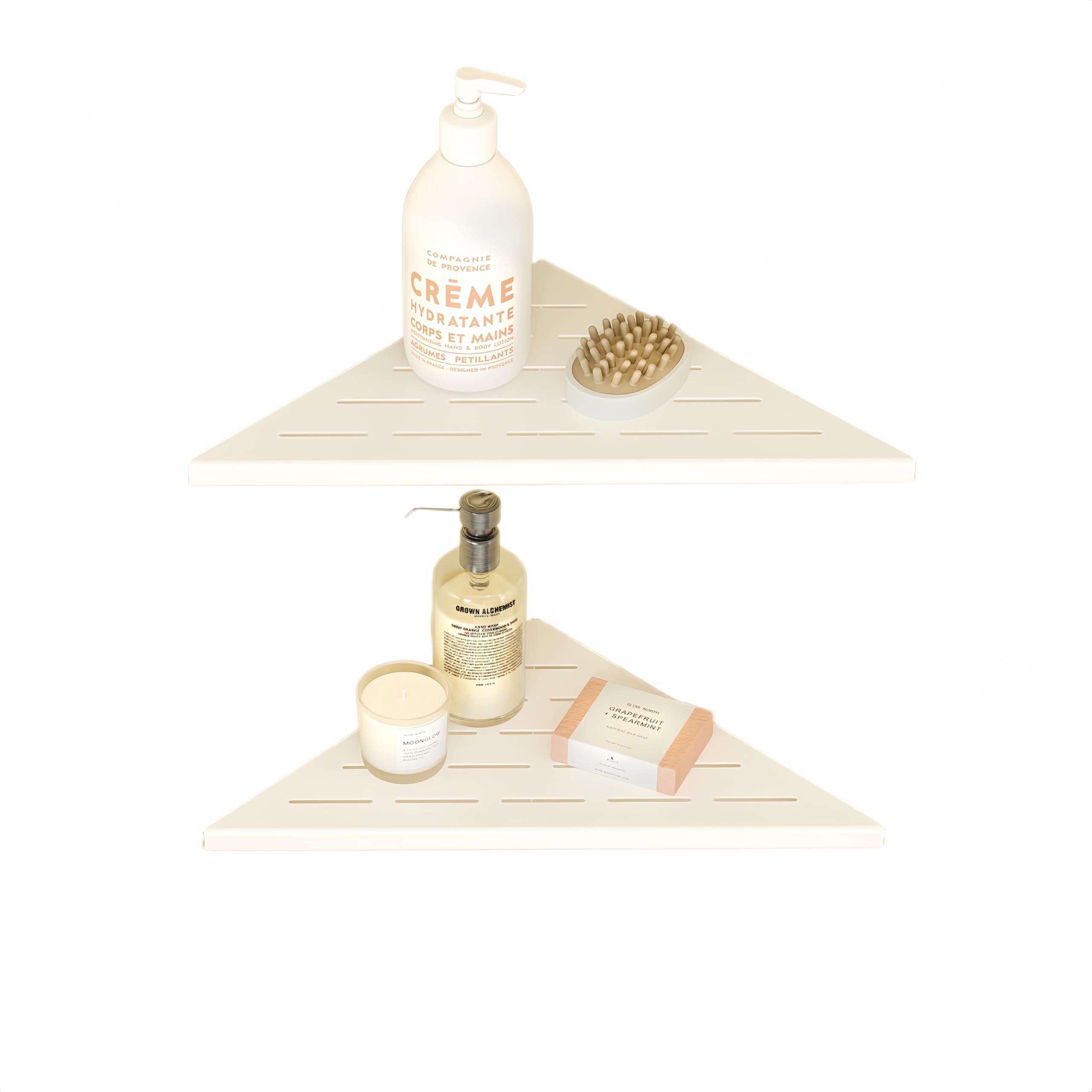 Étagère d'angle à 90° de douche blanche, porte savons triangulaire inox sans perçage Qeke
