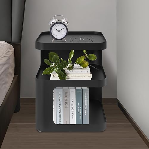 Mesa auxiliar moderna de metal, mesita de noche de acero al carbono de 3 niveles, mesa auxiliar pequeña con almacenamiento abierto, mesa decorativa