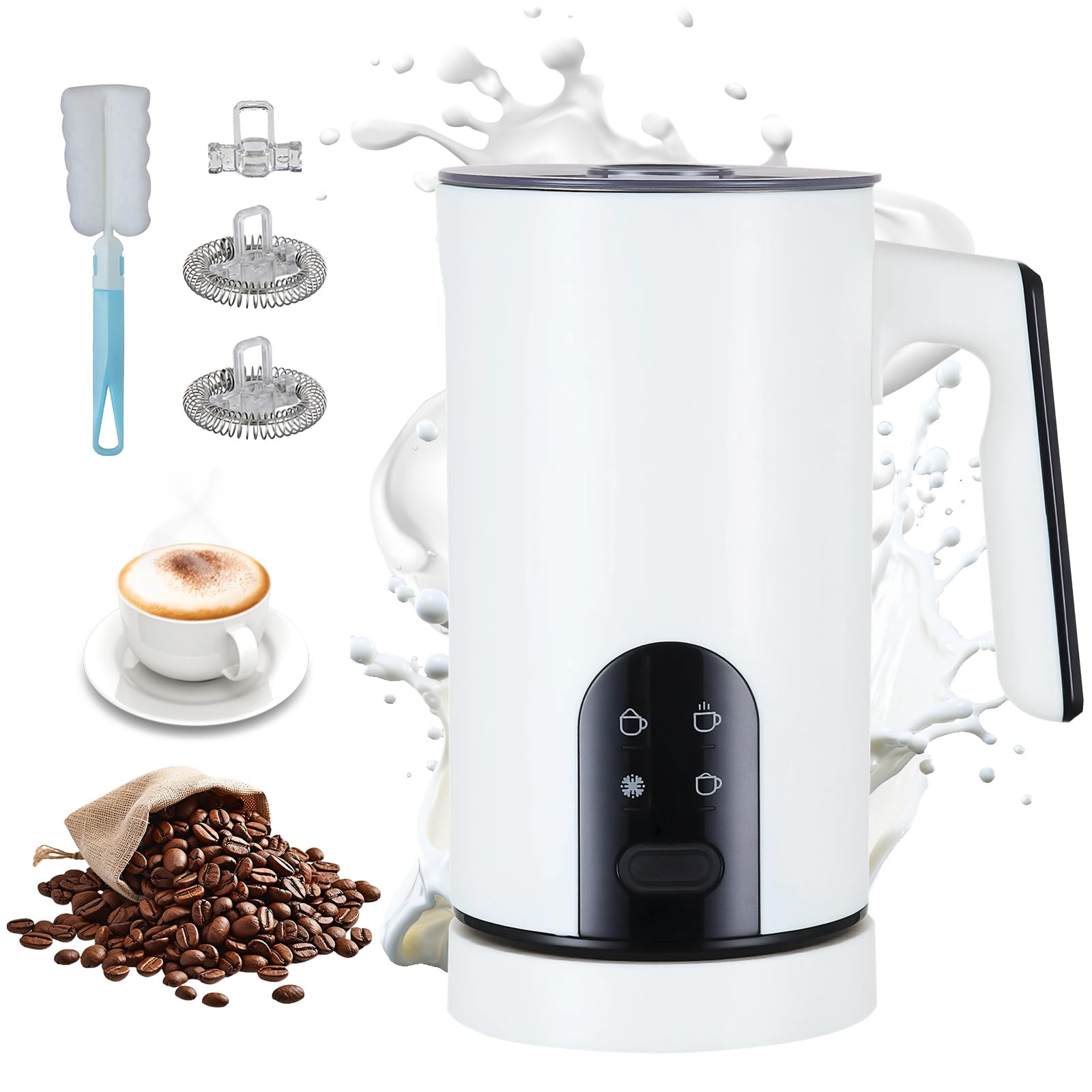 Espumador De Leche Eléctrico 4 En 1: Espumador Automático Para Leche Caliente Y Fría, Apagado Automático, Diseño En Acero Inoxidable, Funcionamiento Silencioso Para Chocolate Caliente (Blanco)