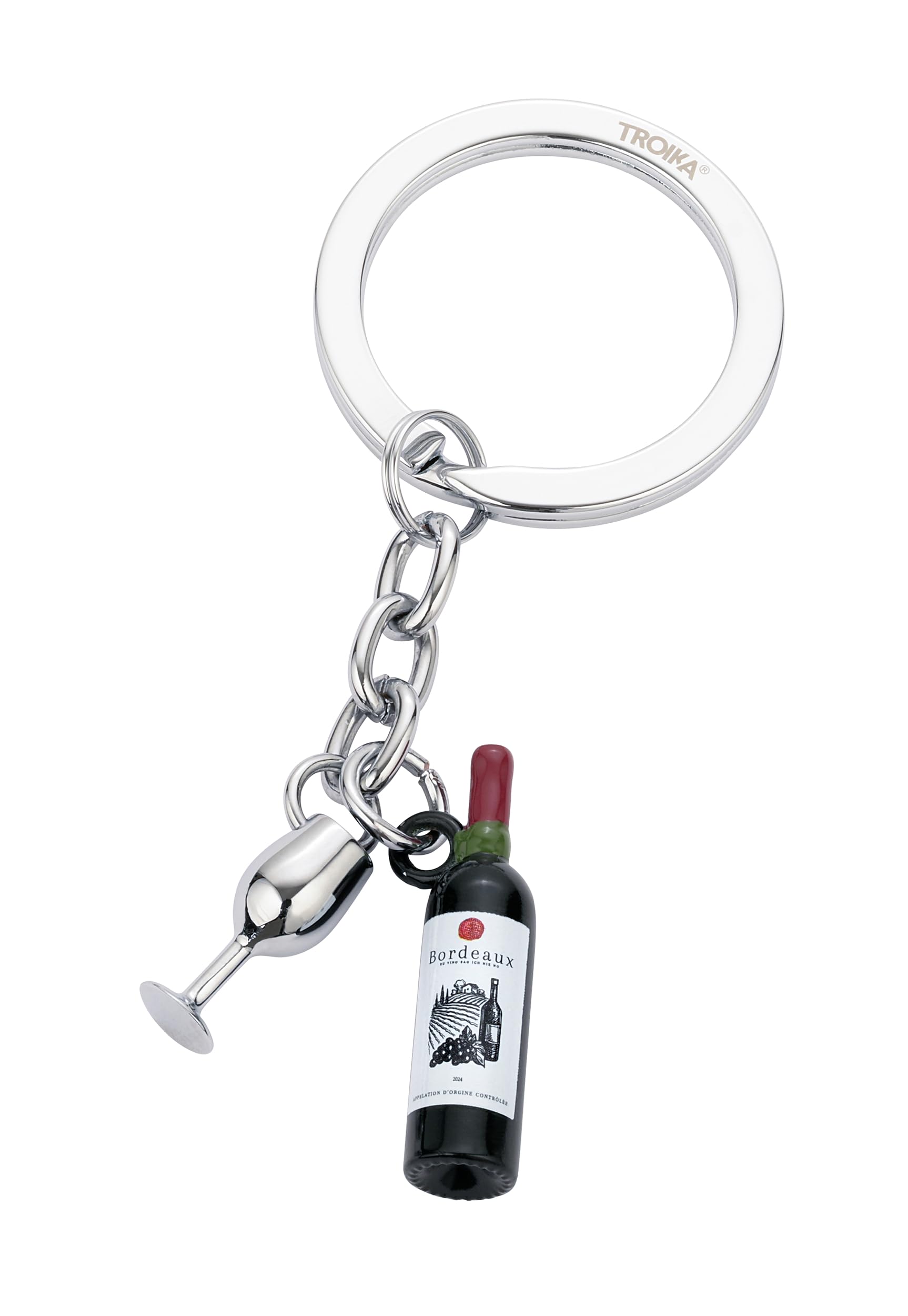 Troika Unisex Infant Dark Green/Silver Keyring With Wine Bottle And Wine Glass Bordeaux Cast Metal Keyring For Wine Lovers, Chrome-Plated, And Original, 8,7 X 3,5 X 0,8 Cm