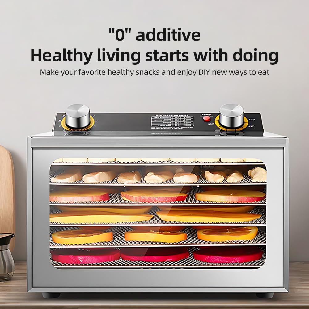 Disidratatore per Alimenti e Carne secca con Timer 12H Acciaio Inossidabile Spazzolato 12 Rastrelliere per l'Essiccazione 800W 30-90℃ Disidratatore per Frutta Verdura con Grande Manopola di Con