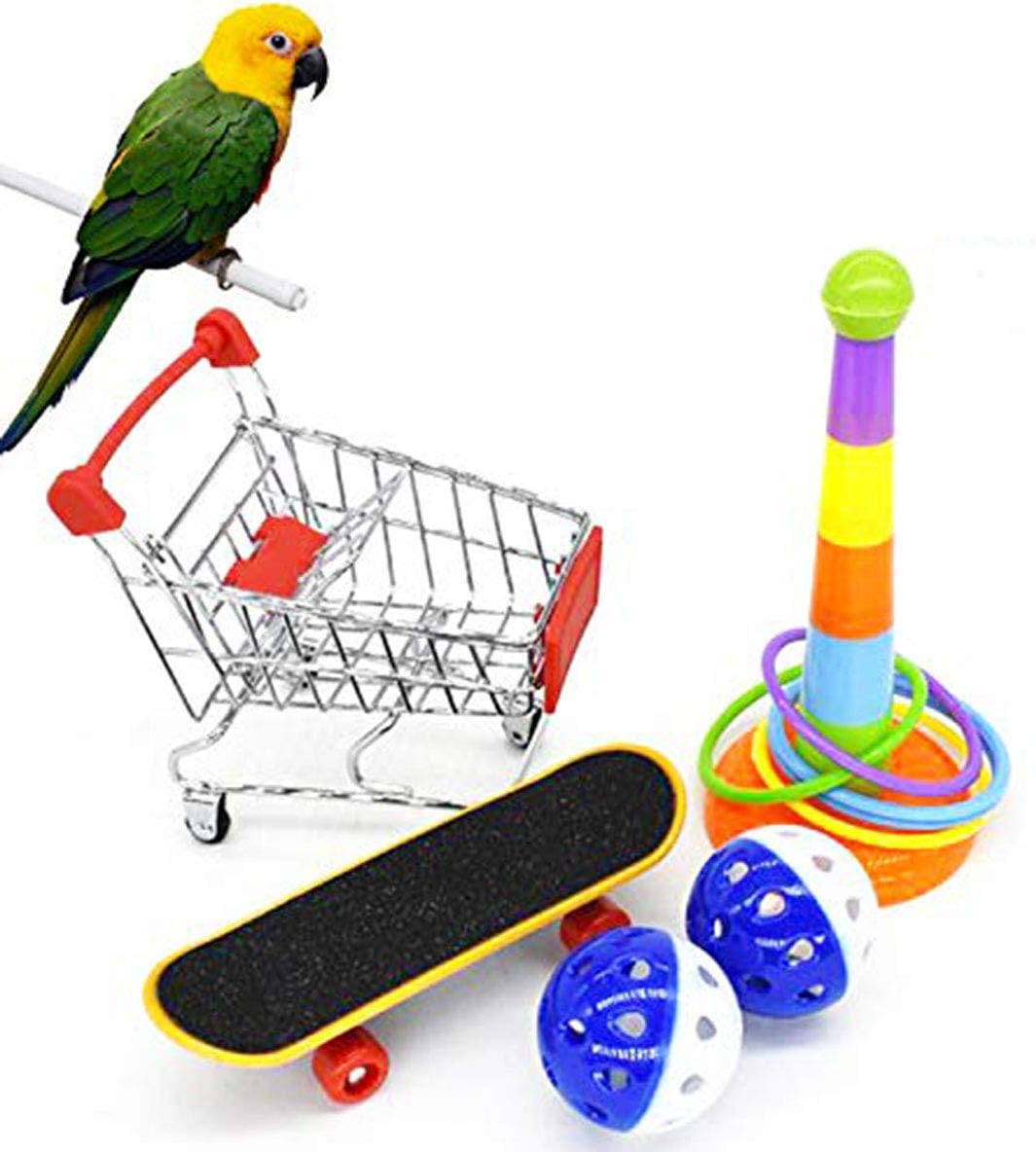Parrot Toys 5Pack, Mini Shopping Cart, Training Rings,Skateboard and Ball - Playing Standing Training Parrot Toys to Keep Healthy for…