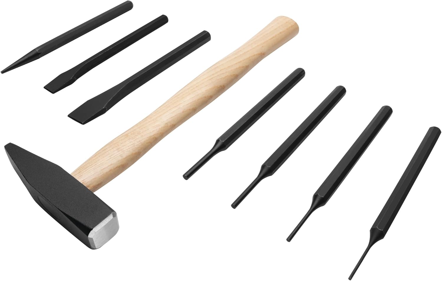 Performance Tool M7046 8 Pc. Hammer and Punch Set - Includes Machinist's Hammer, Pin Punch, Tapered Punch, Carbon Steel, Black