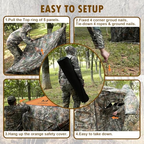 Hunthor Hunting Blind for 2-3 Person, 360 Degree See-Through Ground Blind with Silent Zipper and Orange Top, Portable Pop-Up Tent for Deer and Turkey Hunting with Carry Bag
