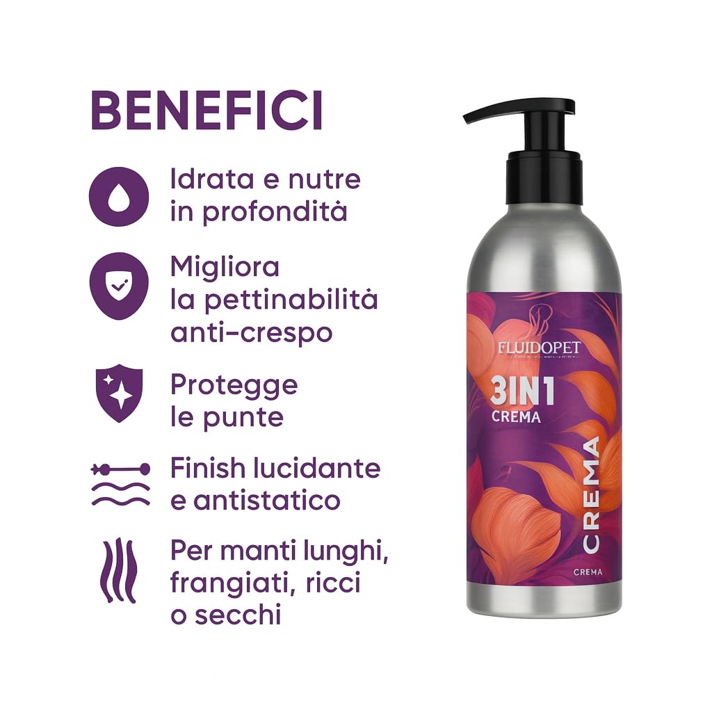 Crema 3 in 1 per Cani Senza Risciacquo -Condizionante, Idratante, Districante. Ideale per Manti Lunghi, Frangiati e Secchi – con Jojoba, Pappa Reale, Vitamina E – Effetto Lucente Anticrespo