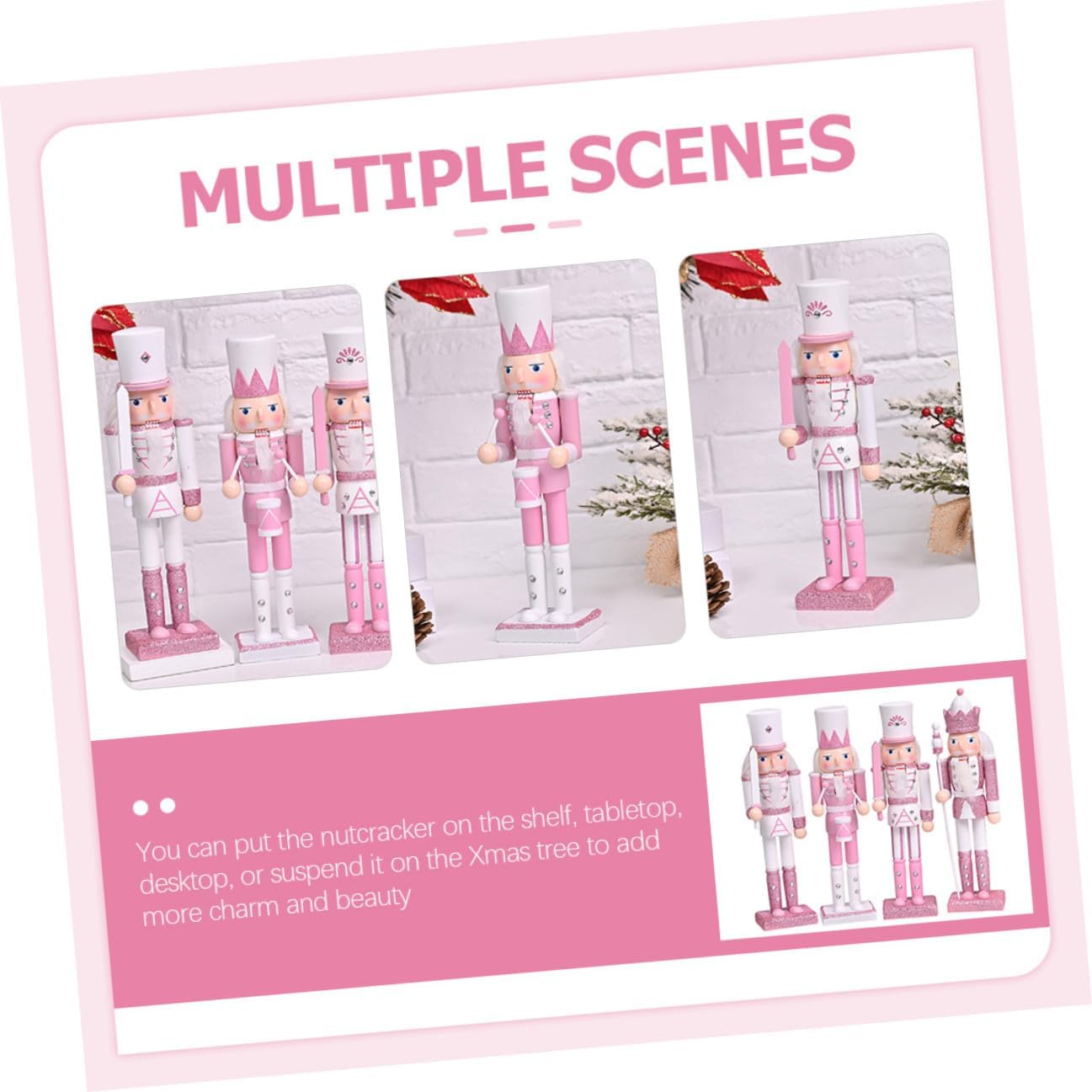 Luxshiny 4pcs Pink Wood Nutcracker Ornaments Set 24cm Christmas Nutcracker Soldier Figurines Decorative Xmas Tabletop Figures for Holiday