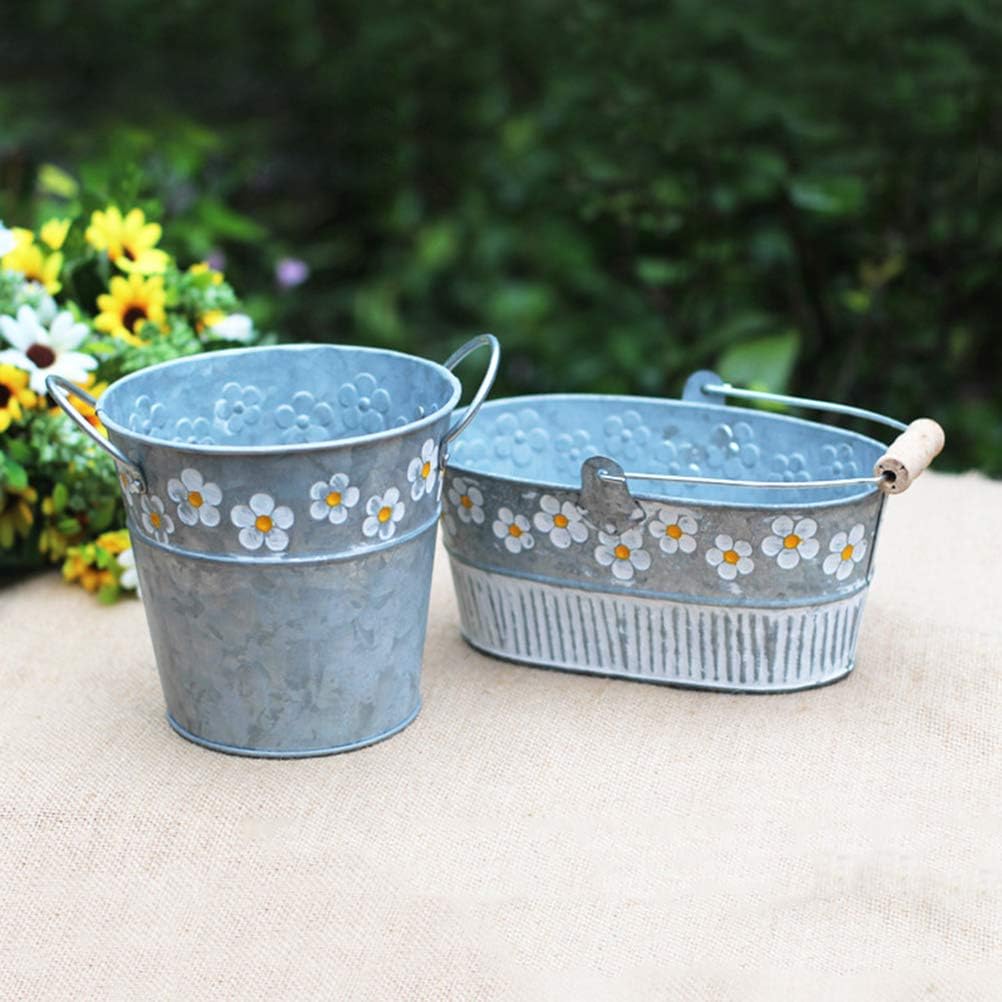 Yardwe Vintage Embossed Metal Bucket Planter with Daisy Pattern Small Oval Galvanized Tin Bucket for Indoor Outdoor Garden Decor 7.5X6.3X3.1 Inch