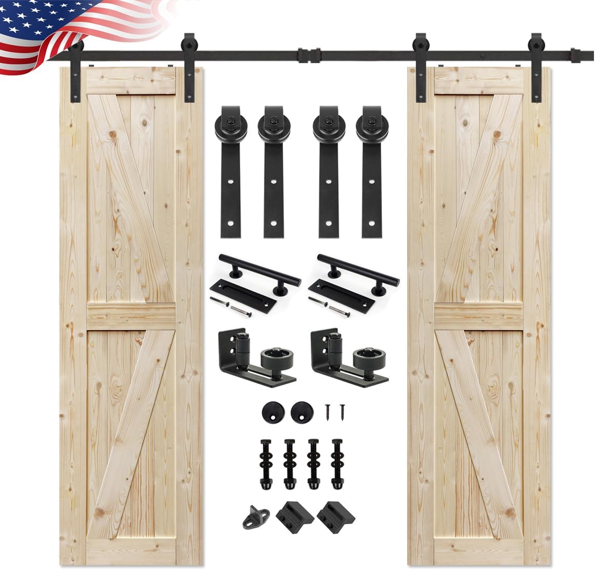 S&Z TOPHAND 20 in. x 84 in. Double Unfinished British Brace Knotty Barn Door with 8FT Sliding Door Hardware Kit/Solid Wood/Sliding Door/Double Surfaces (20x2, Door+J Shape)