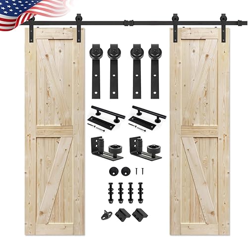 S&Z TOPHAND Puerta de granero anudada doble sin terminar de 18 pulgadas x 84 pulgadas con kit de herrajes para puerta corredera de 6 piesmadera