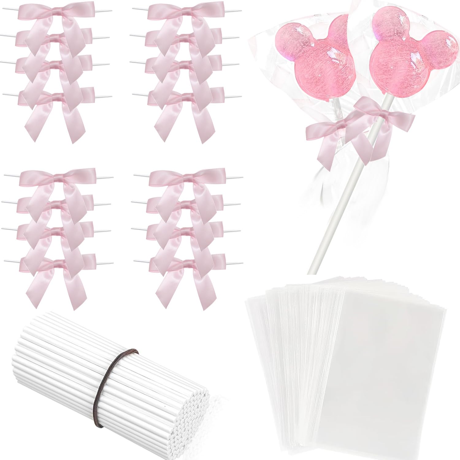 Photo 1 of 100 Sets Cake Pop Sticks and Treat Bags Kit Including 100 Cakepop Wrappers with 100 Pink Bow Ties and 100 Lollipop Sticks for Rice Krispies, Candies, Chocolate, Wedding Christmas Packaging