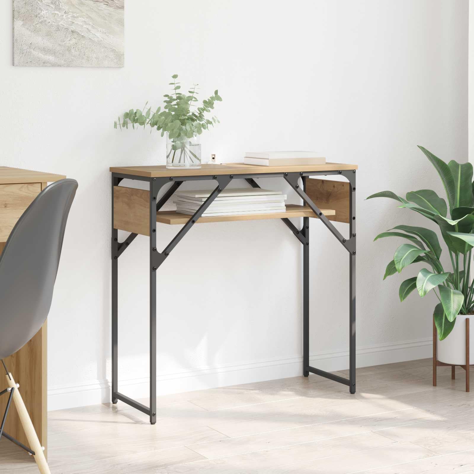 Tavolo consolle in rovere Artisan, 75 x 30 x 75 cm, con 2 ripiani, spazio per ufficio e home office, design robusto per studio, salvaspazio e durevole, in stile industriale