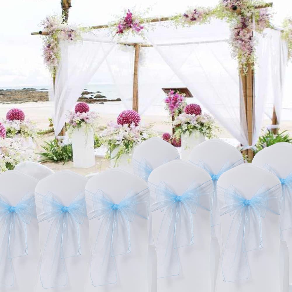 MAGTOWNE Organza Chair Sashes Ties 50 Pack Universal Chiffon Knots Light Blue Chair Bows for Wedding Party Reception Ceremony Banquet Decorations - Light Blue